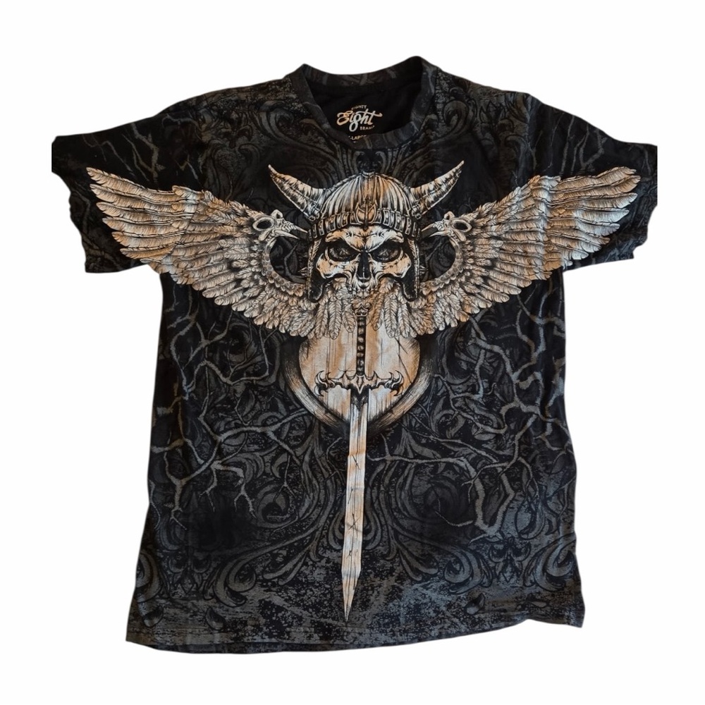 Eighty Eight Y2K Black Tee with Skull and Wings Design Crew Neck Size XL